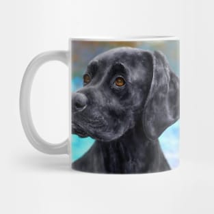 Painting of a Black Labrador on a Blue and Brown Background Mug